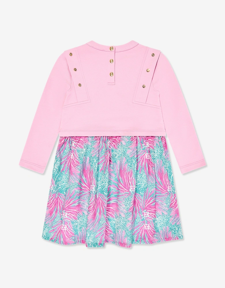 Girls Bi-material Printed Logo Dress in Pink