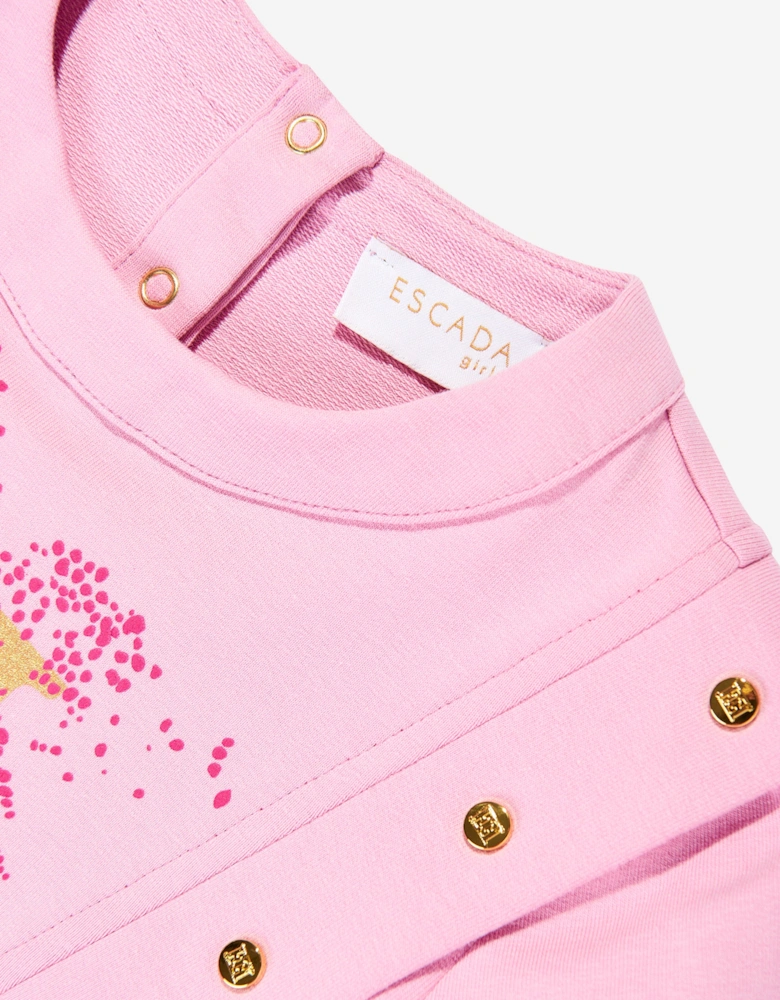 Girls Bi-material Printed Logo Dress in Pink