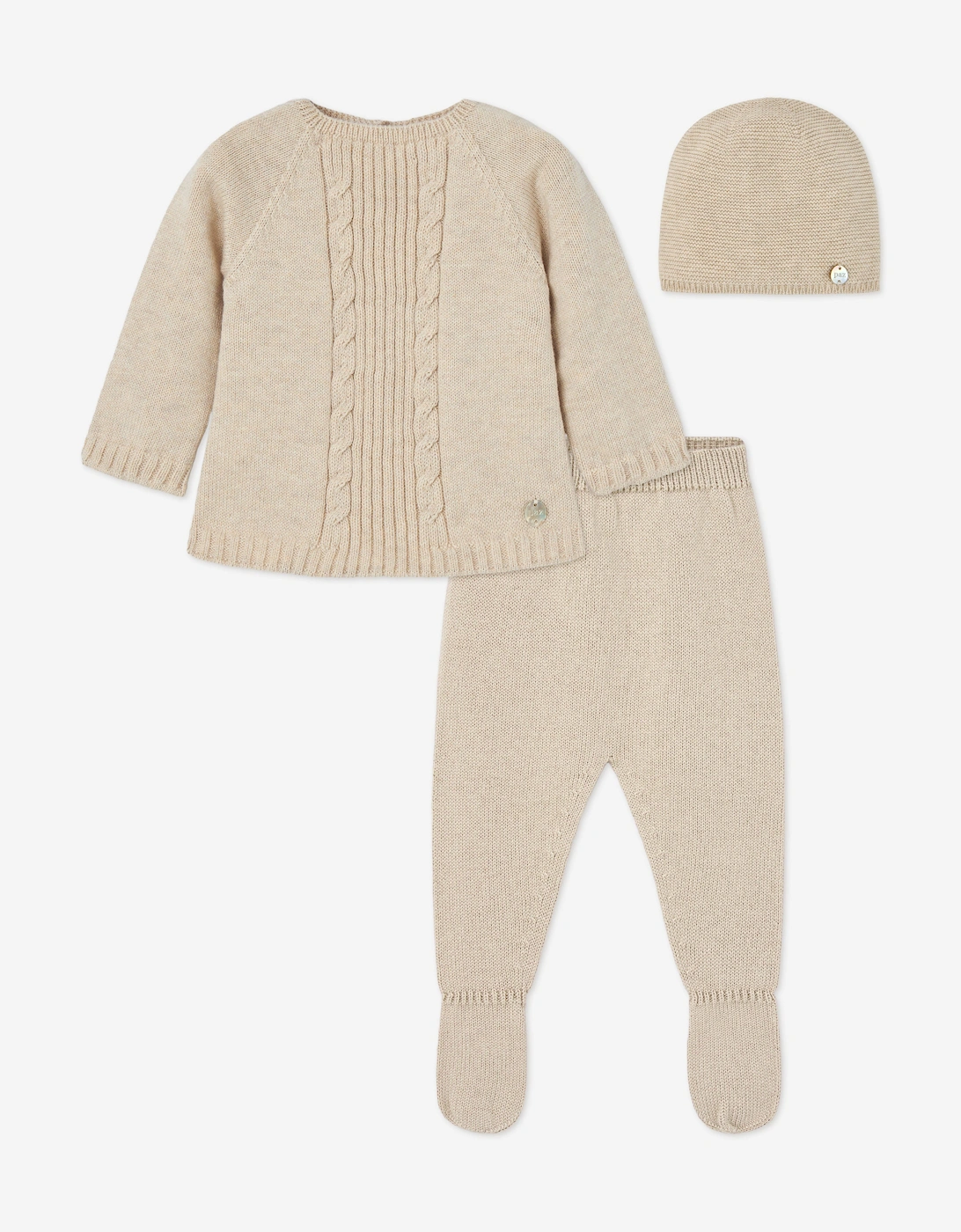 Baby Knitted 3 Piece Babygrow Set in Beige, 5 of 4