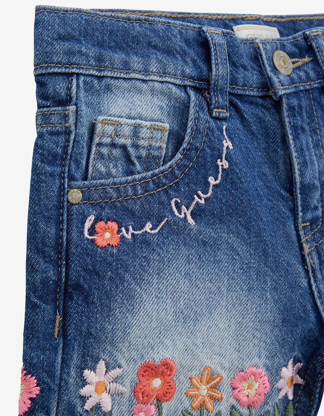 Girls Embroidered Flower Denim Shorts in Blue