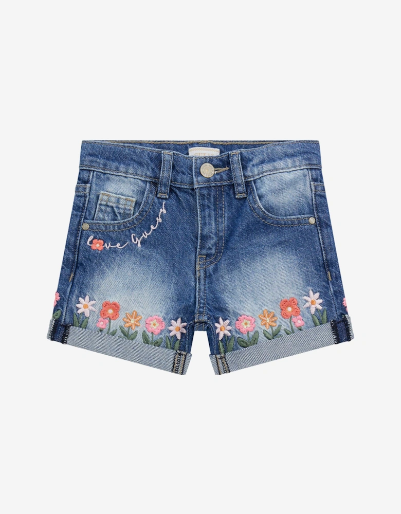 Girls Embroidered Flower Denim Shorts in Blue