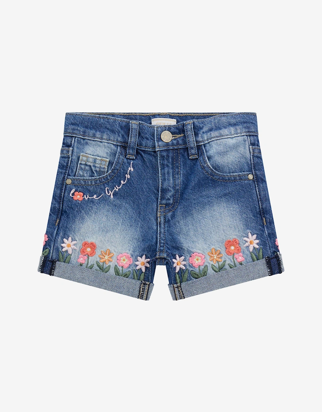 Girls Embroidered Flower Denim Shorts in Blue, 5 of 4