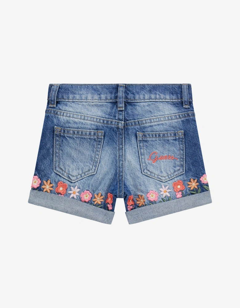 Girls Embroidered Flower Denim Shorts in Blue