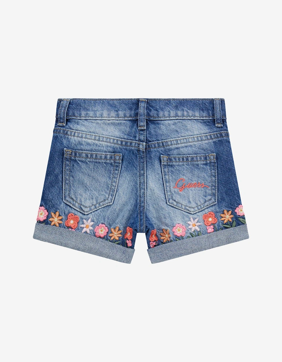 Girls Embroidered Flower Denim Shorts in Blue