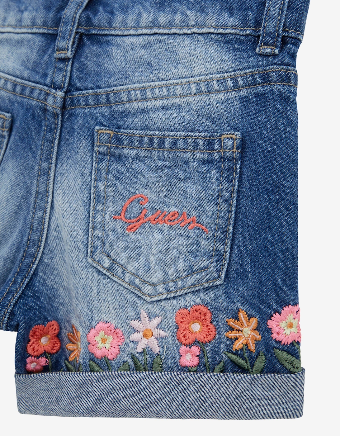 Girls Embroidered Flower Denim Shorts in Blue