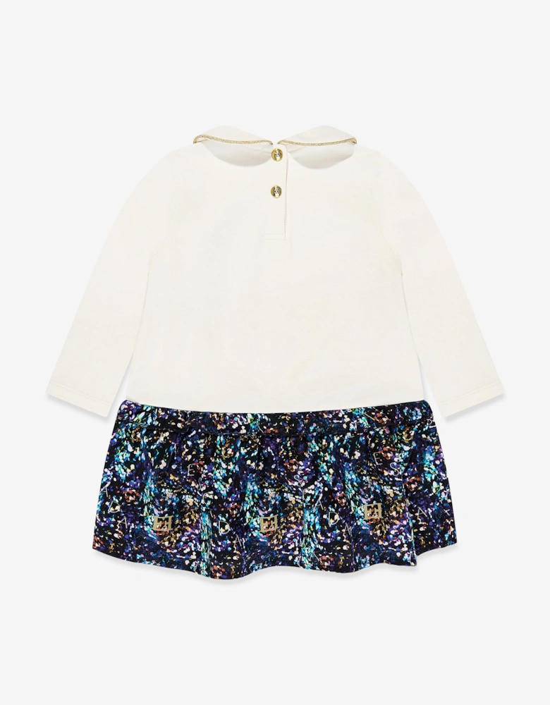 Baby Girls Bi-material Printed Dress in Ivory