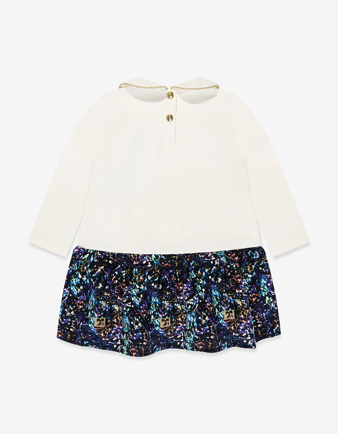 Baby Girls Bi-material Printed Dress in Ivory
