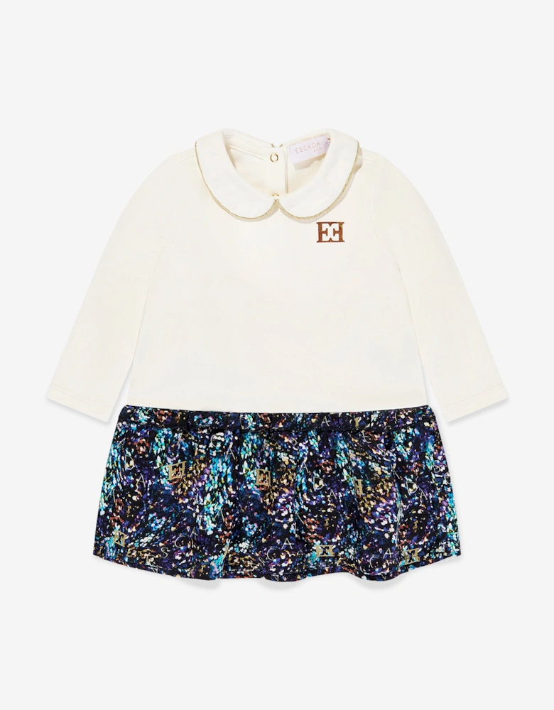 Baby Girls Bi-material Printed Dress in Ivory