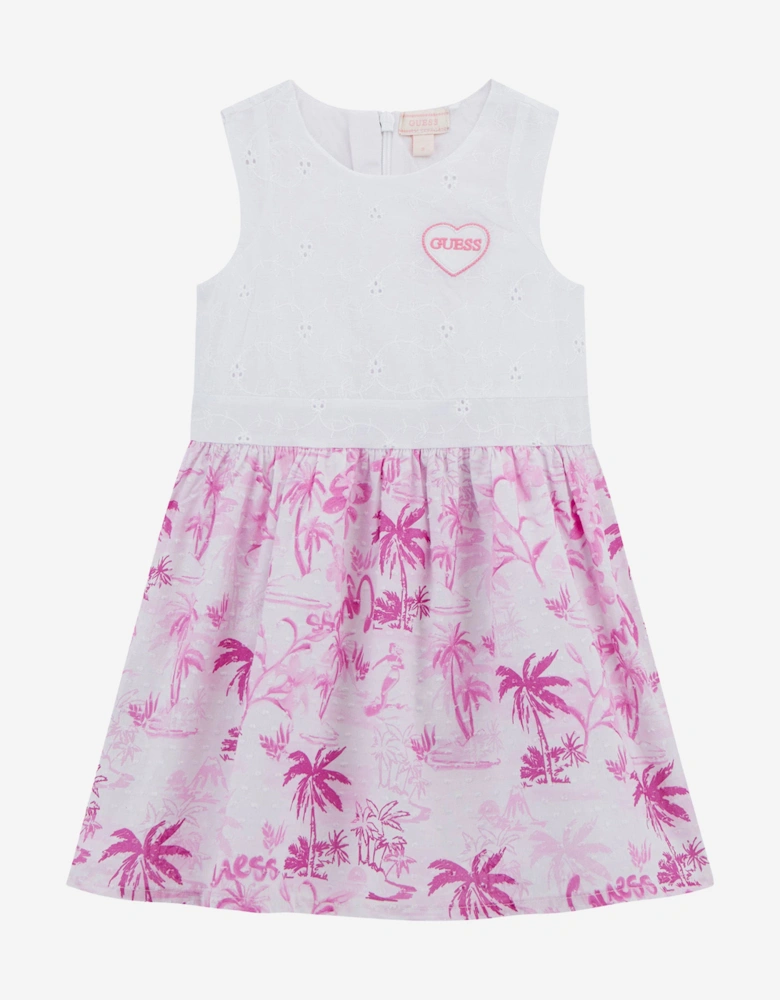 Girls Sleeveless Tropical Print Dress in White