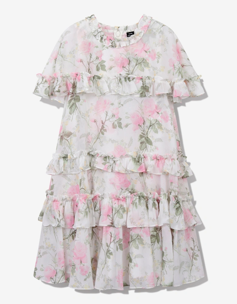 Girls Rose Chiffon Tiered Cape Dress in White
