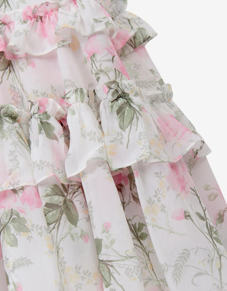 Girls Rose Chiffon Tiered Cape Dress in White