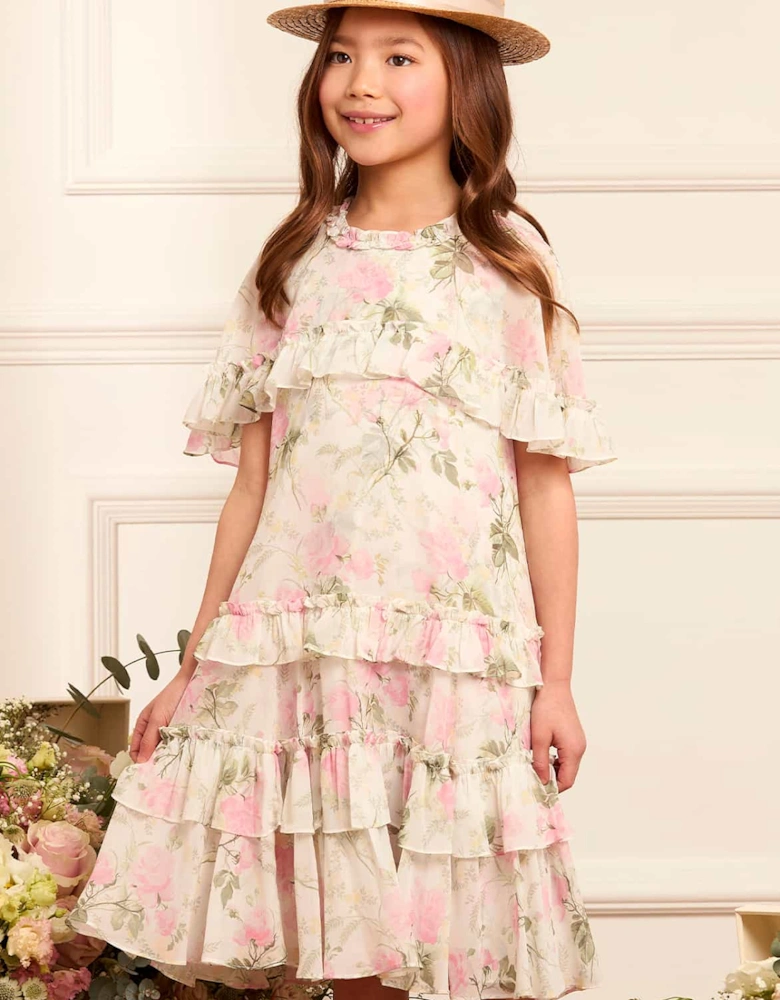 Girls Rose Chiffon Tiered Cape Dress in White