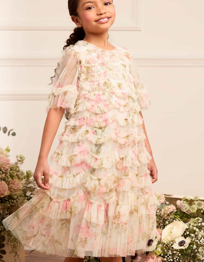 Girls Tulle Rose Scallop Ruffle Dress in White