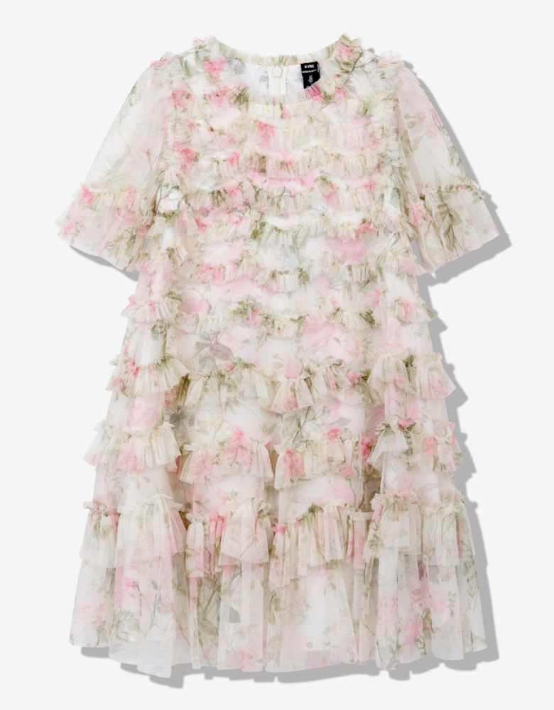 Girls Tulle Rose Scallop Ruffle Dress in White