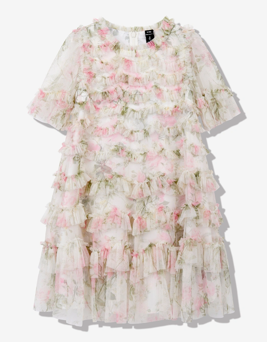 Girls Tulle Rose Scallop Ruffle Dress in White, 6 of 5