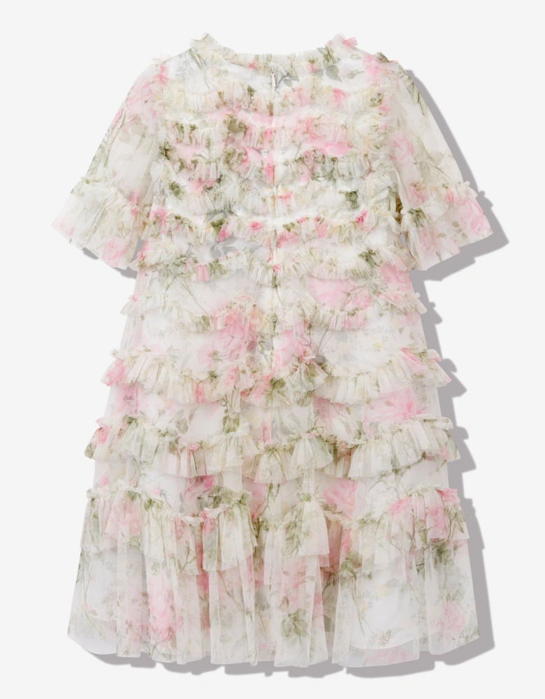 Girls Tulle Rose Scallop Ruffle Dress in White
