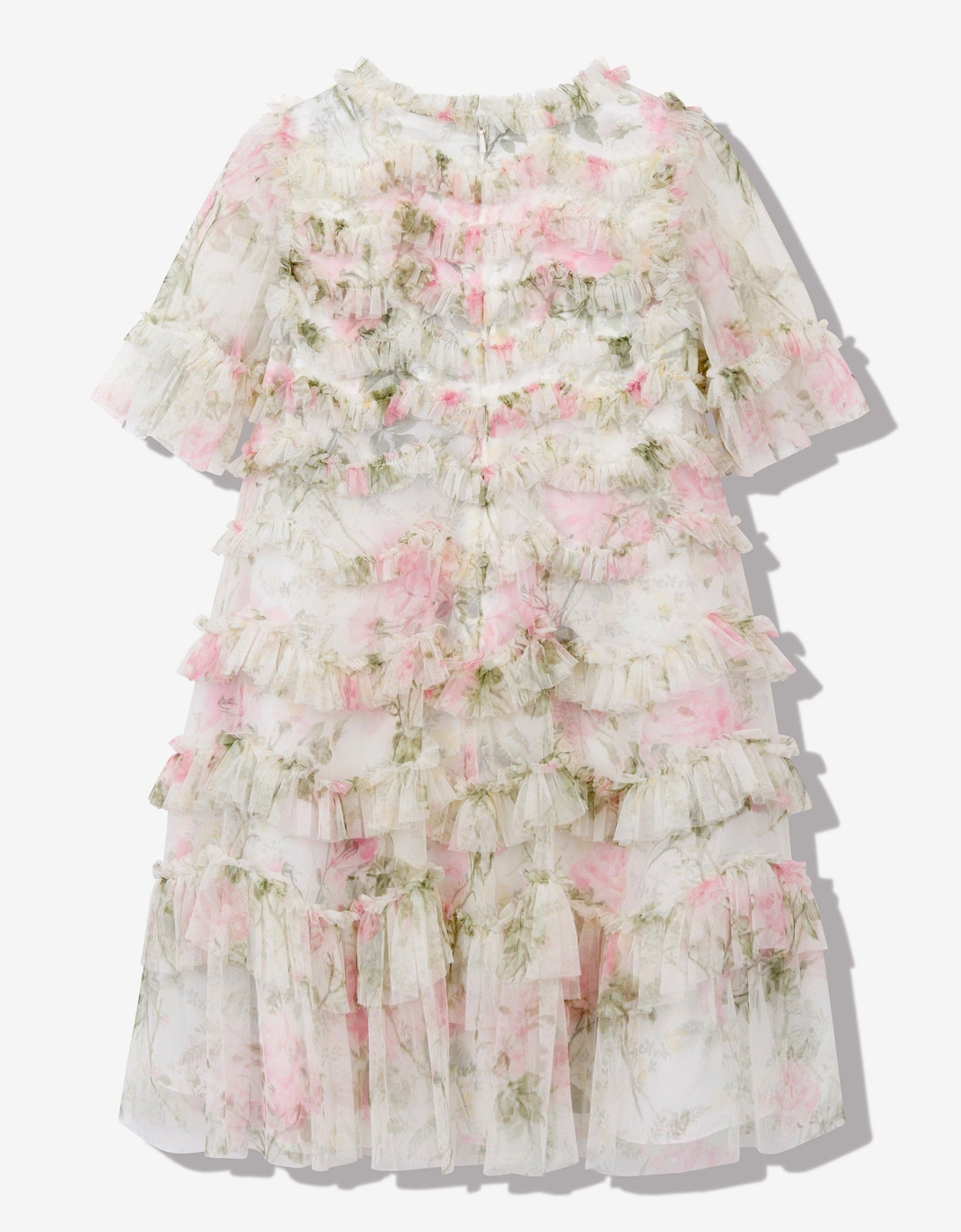 Girls Tulle Rose Scallop Ruffle Dress in White