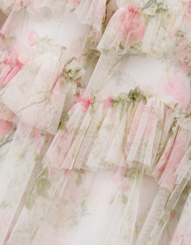 Girls Tulle Rose Scallop Ruffle Dress in White
