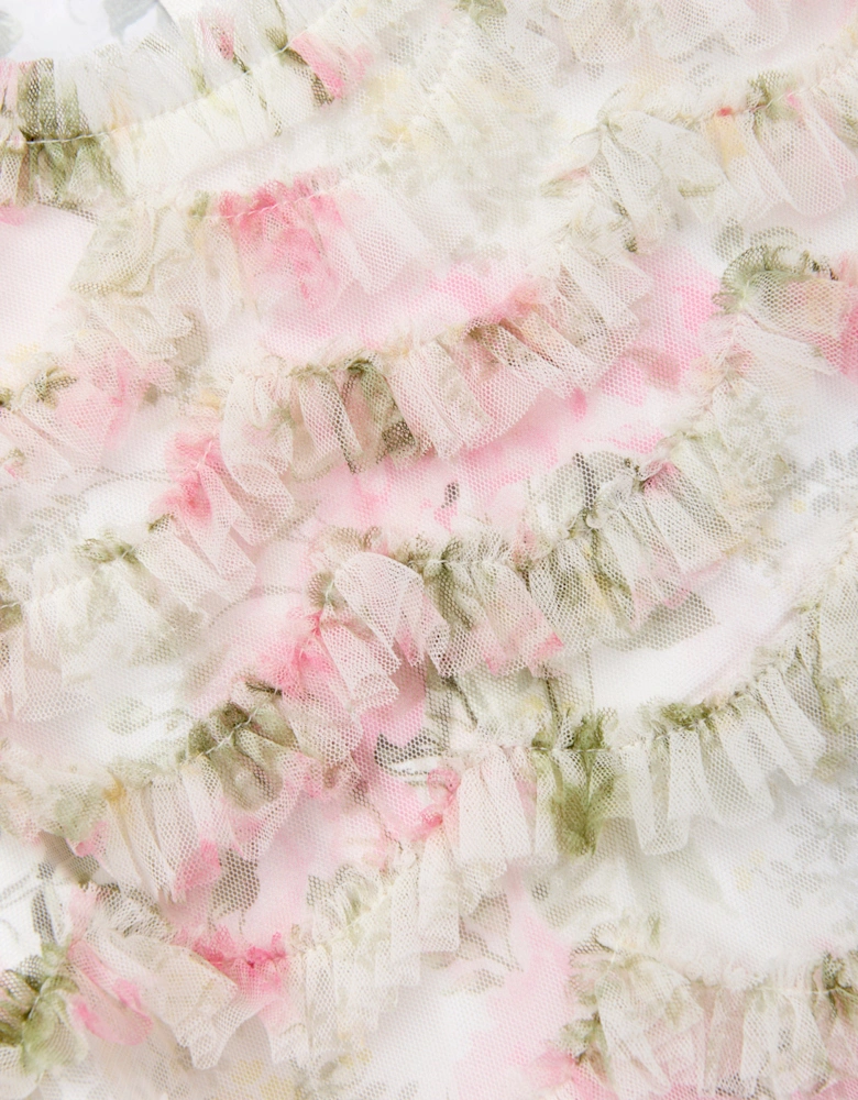 Girls Tulle Rose Scallop Ruffle Dress in White