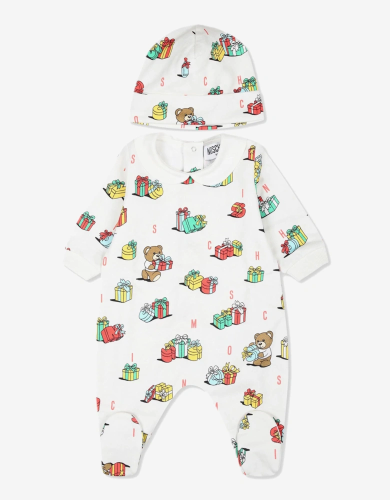 Baby Xmas Bear Babygrow and Hat Gift Set in Ivory