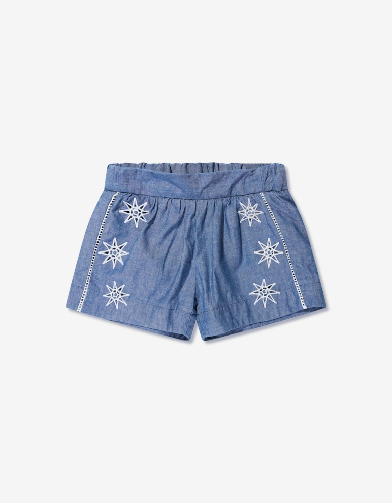 Baby Girls Chambray Embroidered Shorts in Blue