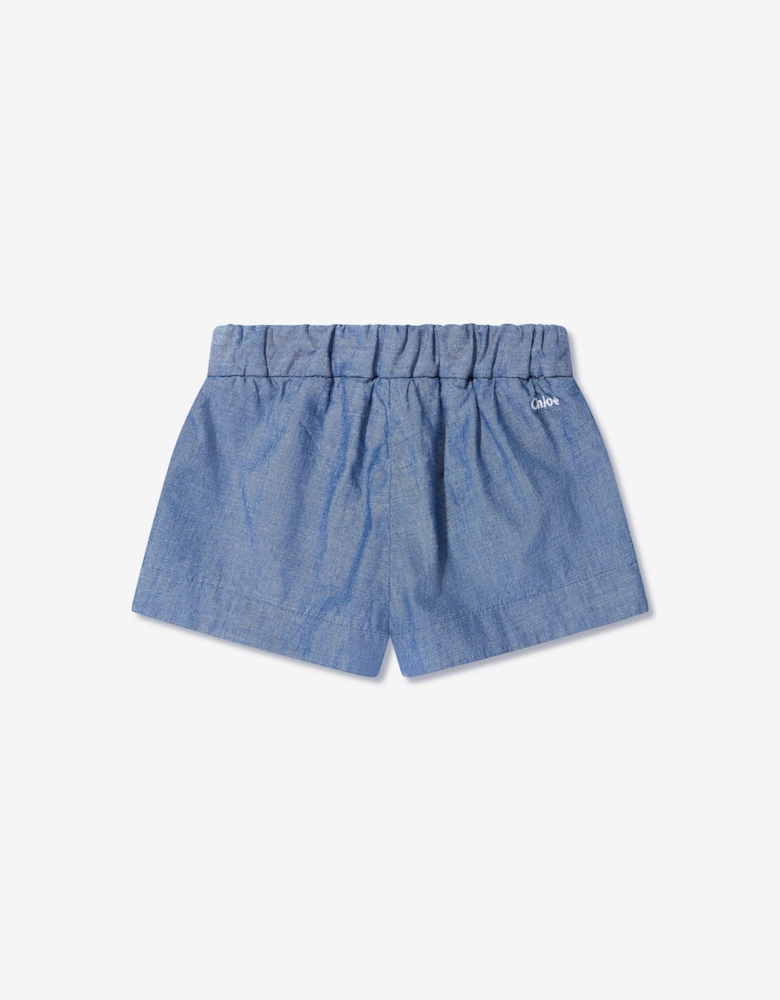 Baby Girls Chambray Embroidered Shorts in Blue
