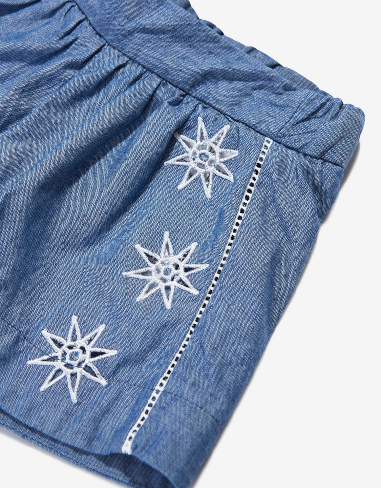 Baby Girls Chambray Embroidered Shorts in Blue