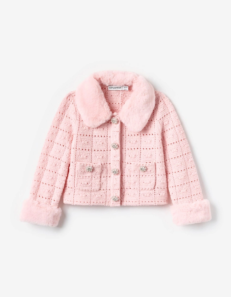 Girls Textured Knit Fur Cardigan in Pink