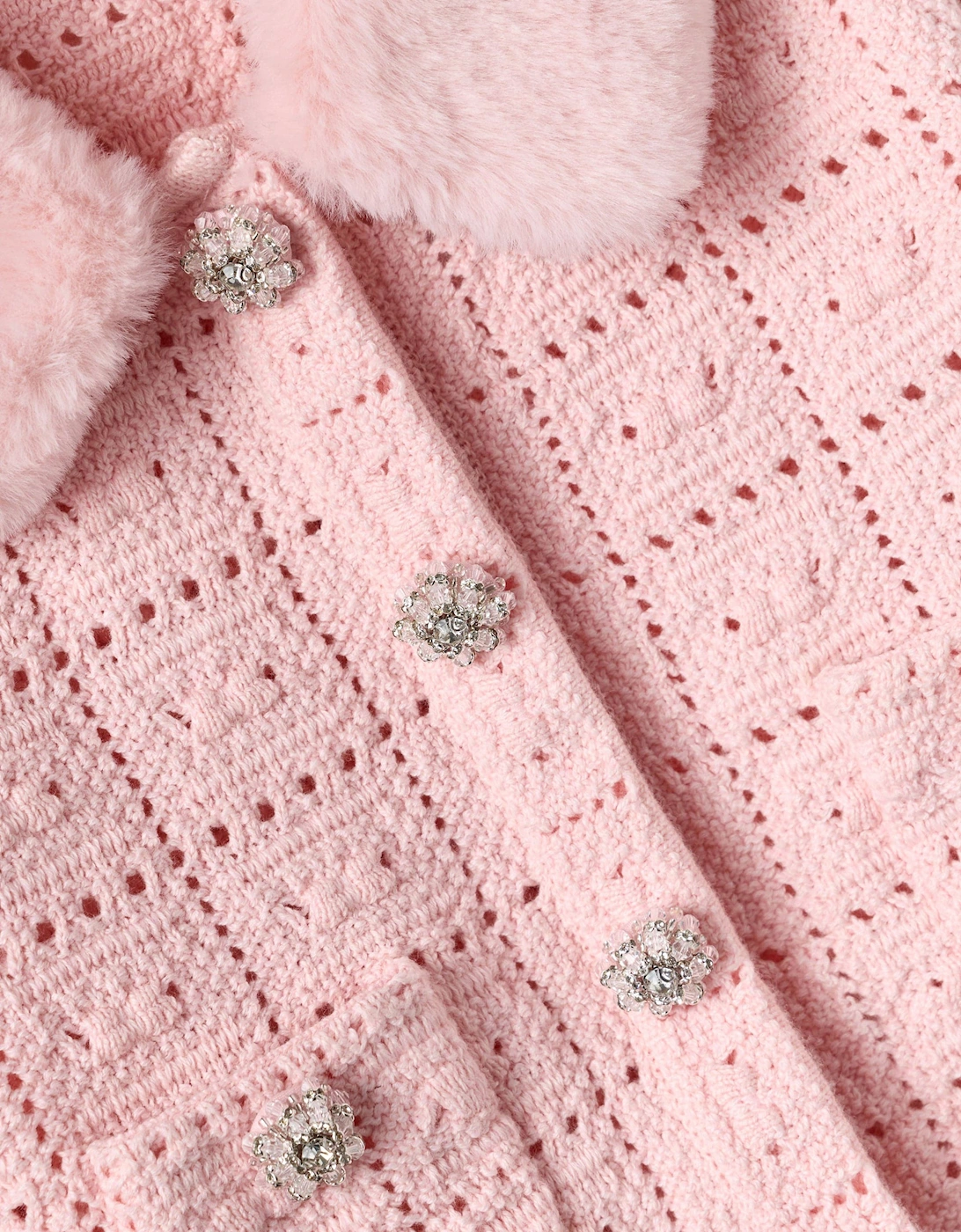Girls Textured Knit Fur Cardigan in Pink