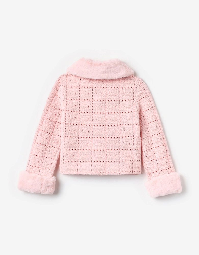 Girls Textured Knit Fur Cardigan in Pink