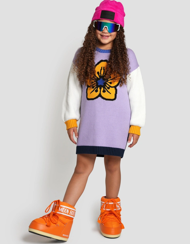 Girls Knitted Flower Dress in Purple
