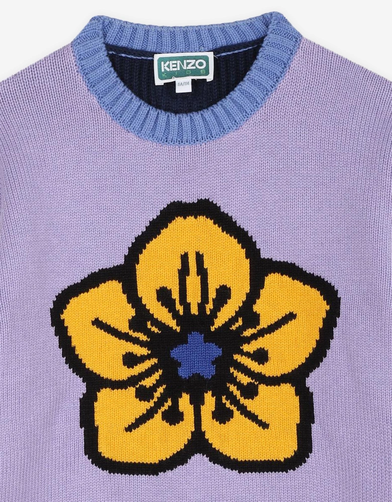 Girls Knitted Flower Dress in Purple