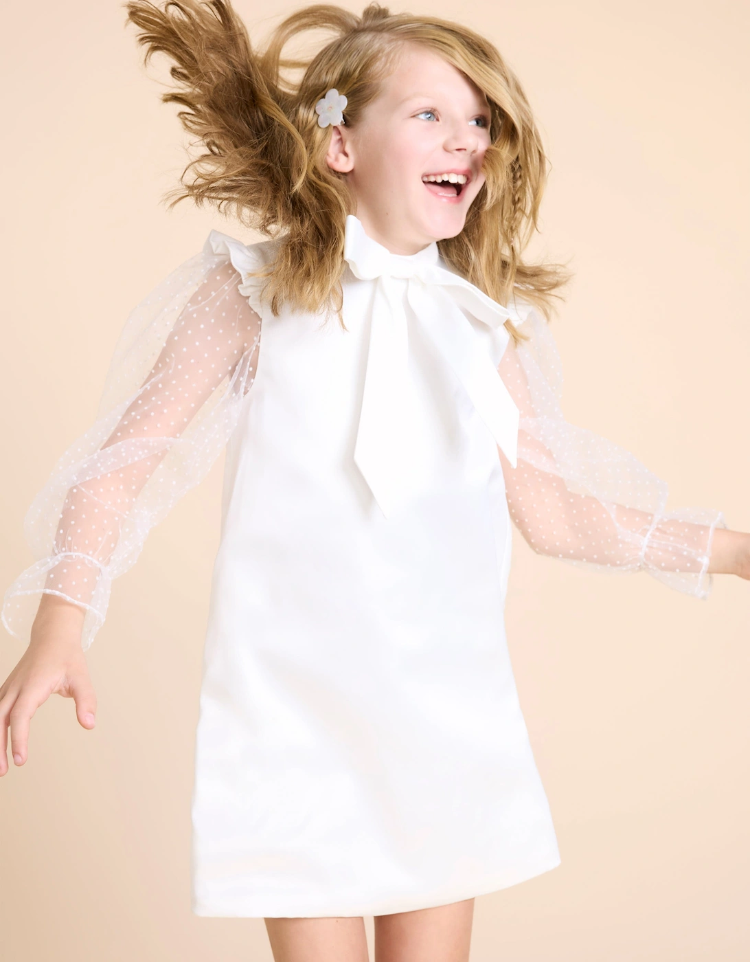 BCBG Girls Flocked Spot Sleeve Dress in White