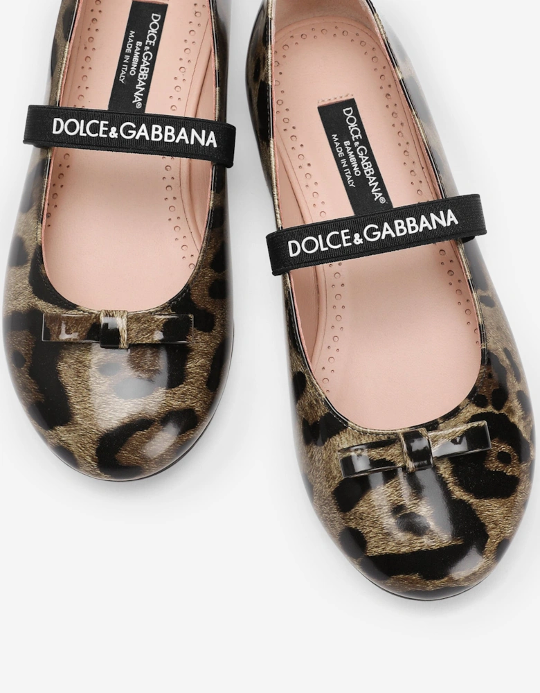 Girls Patent Leather Leopard Ballerinas in Brown