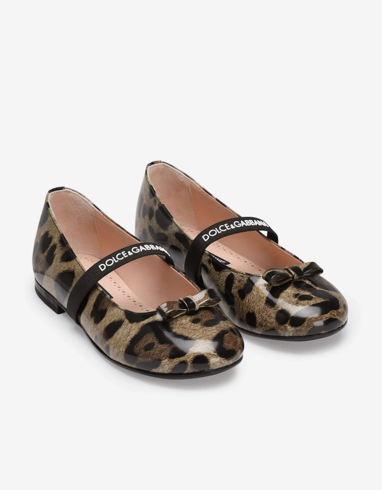 Girls Patent Leather Leopard Ballerinas in Brown