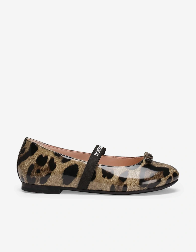 Girls Patent Leather Leopard Ballerinas in Brown