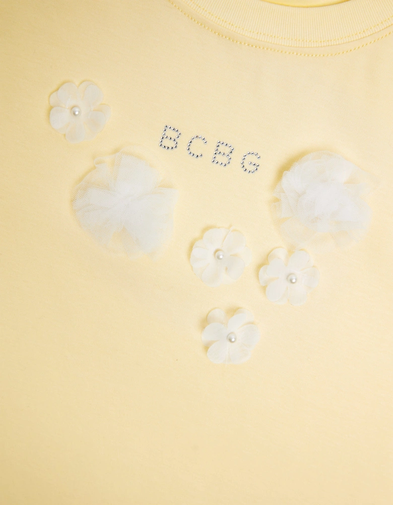 BCBG Girls Diamante Logo 3D Flowers T-Shirt in Yellow