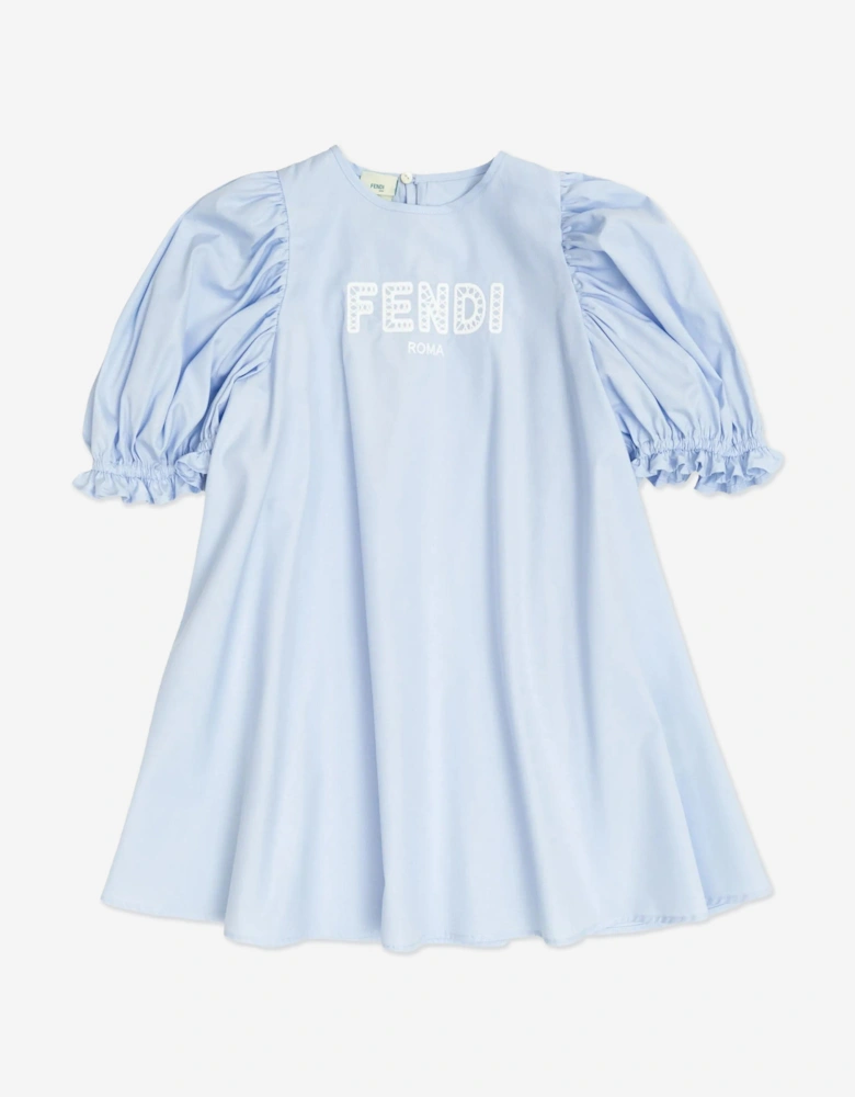 Girls Cotton Logo Dress in Blue
