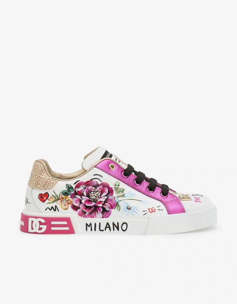 Girls Leather Flower and Graphic Print Trainers in White