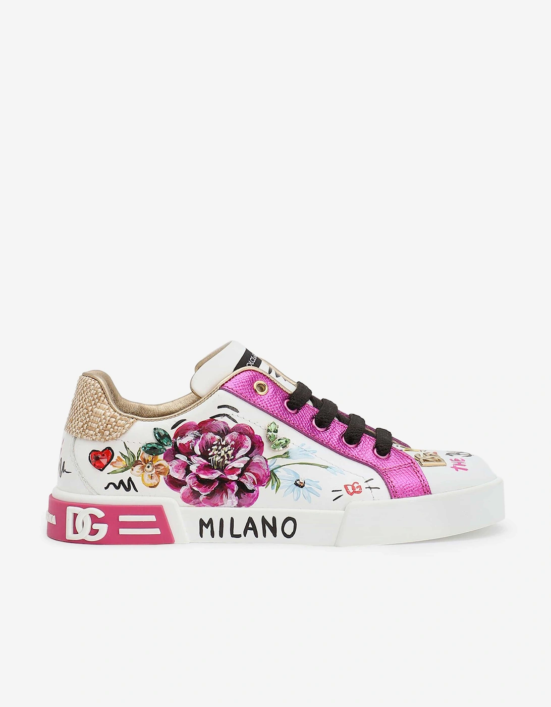 Girls Leather Flower and Graphic Print Trainers in White, 5 of 4