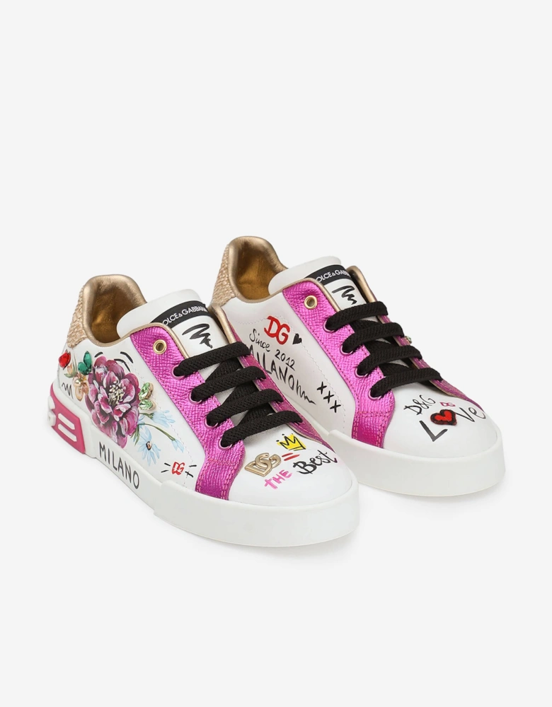 Girls Leather Flower and Graphic Print Trainers in White