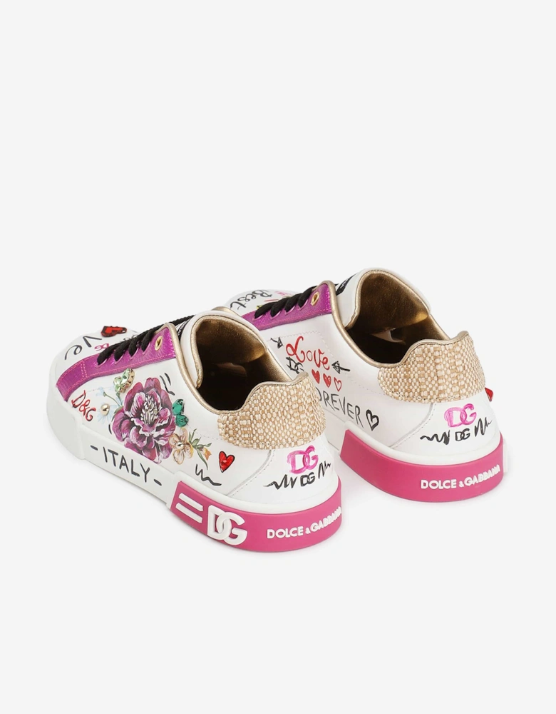 Girls Leather Flower and Graphic Print Trainers in White
