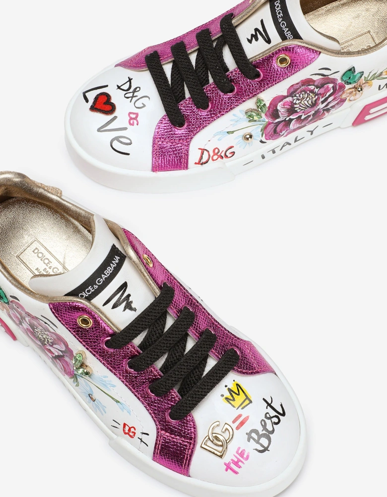 Girls Leather Flower and Graphic Print Trainers in White