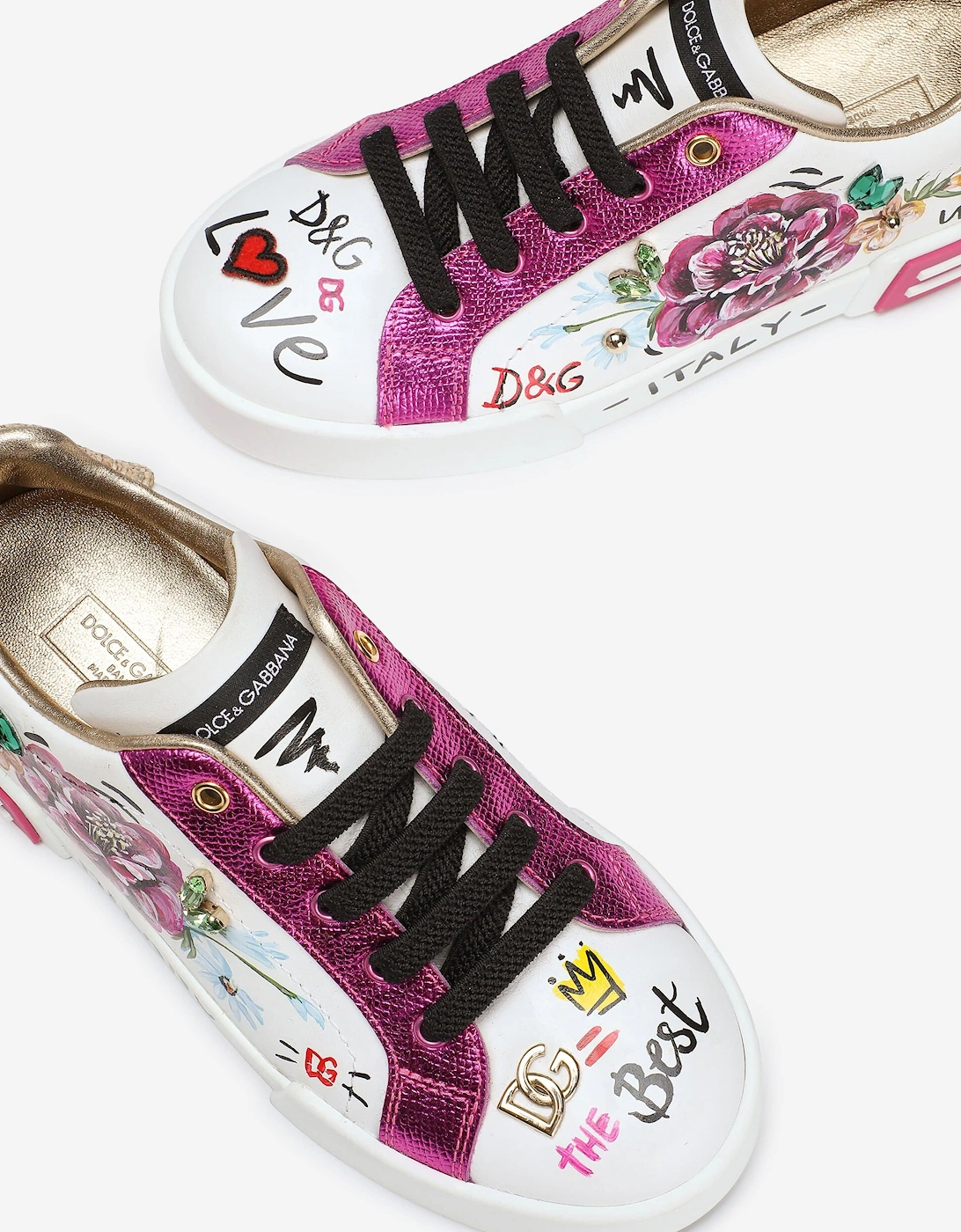 Girls Leather Flower and Graphic Print Trainers in White
