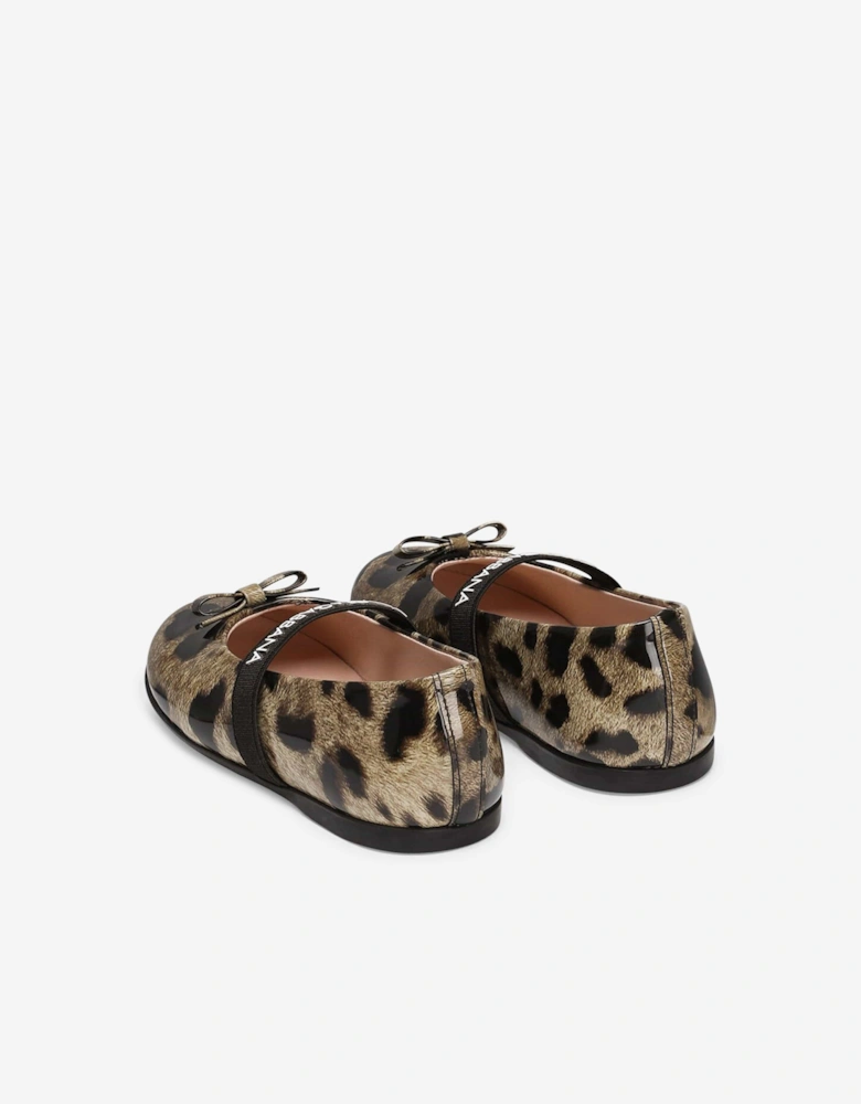 Girls Leather Leopard Ballerinas in Brown