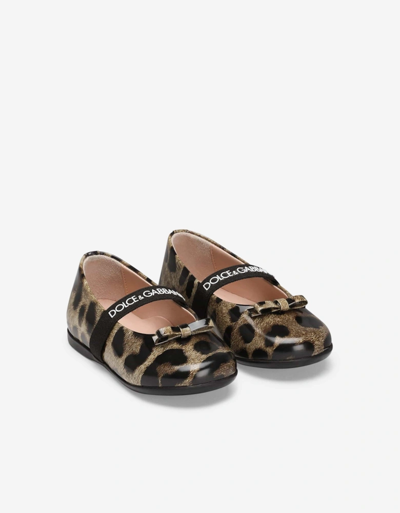 Girls Leather Leopard Ballerinas in Brown