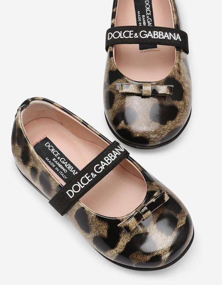 Girls Leather Leopard Ballerinas in Brown