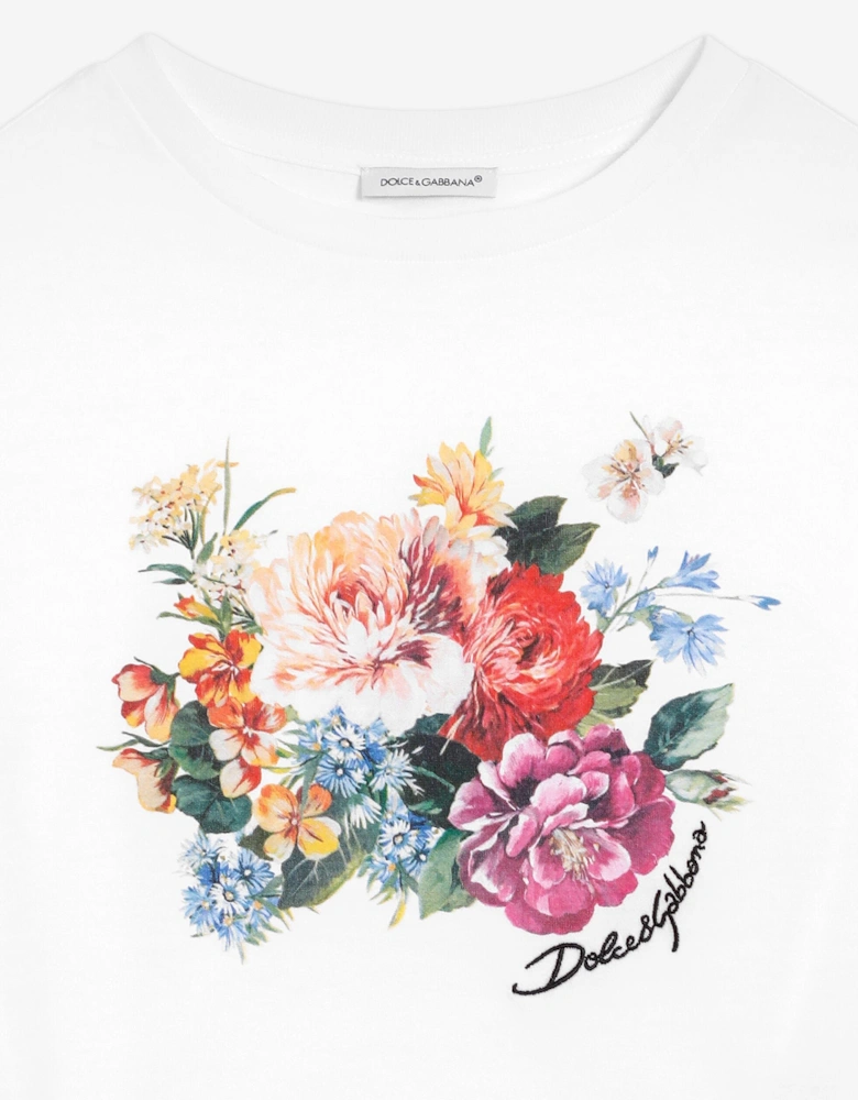 Girls Floral Embroidered Logo T-Shirt in White
