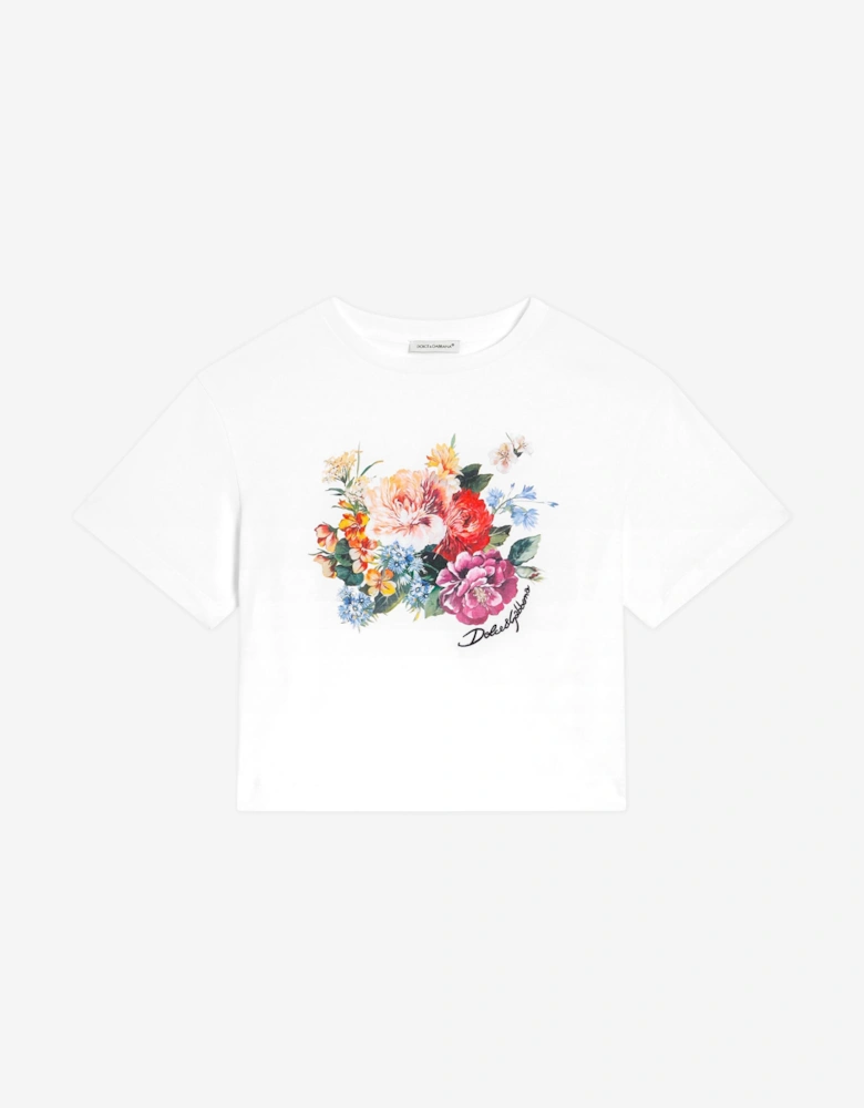 Girls Floral Embroidered Logo T-Shirt in White
