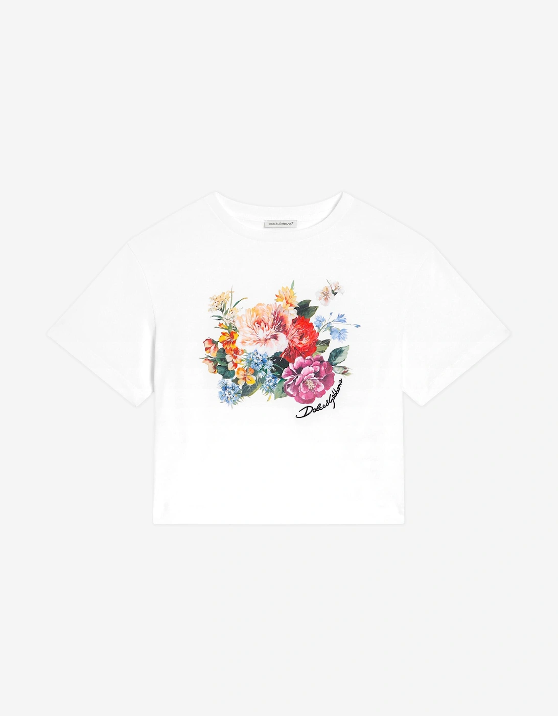 Girl's Dolce & Gabbana Girls Floral Embroidered Logo T-Shirt in White - Size: 6 years